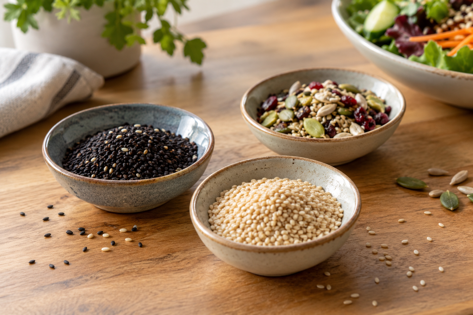 Schaaltjes sesam en toppings op een houten tafel — AI-illustratie