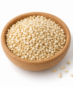 quinoa wit in een houten schaaltje, representatieve AI-illustratie