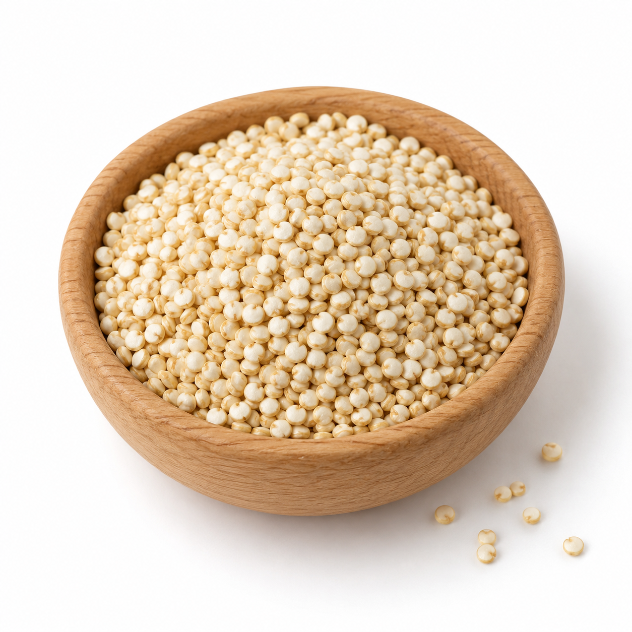 quinoa wit in een houten schaaltje, representatieve AI-illustratie